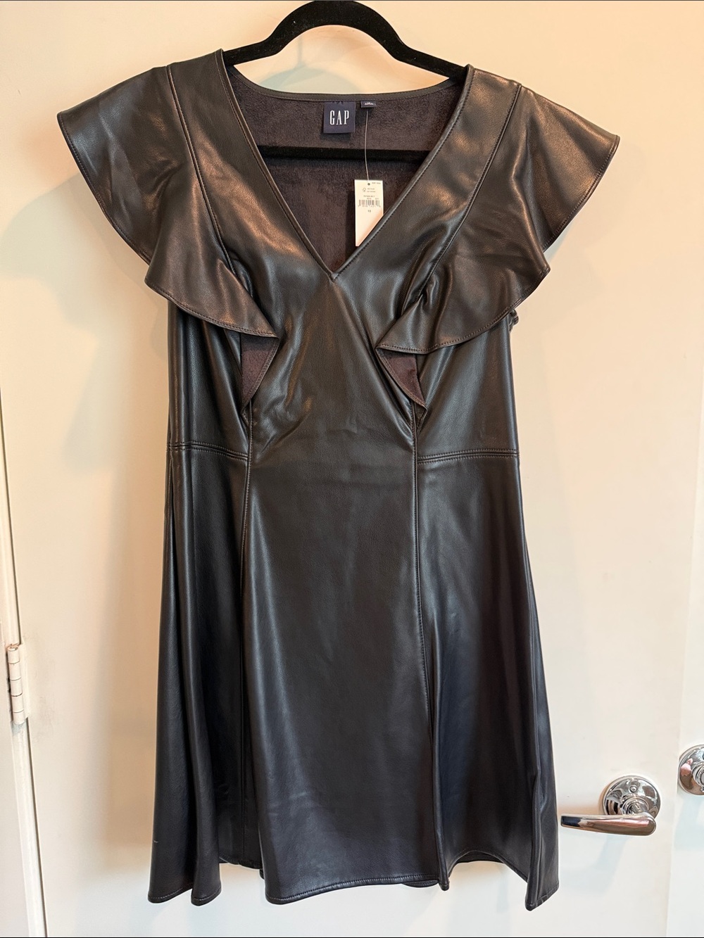 GAP Black Faux Leather V-Neck Ruffle Mini Dress